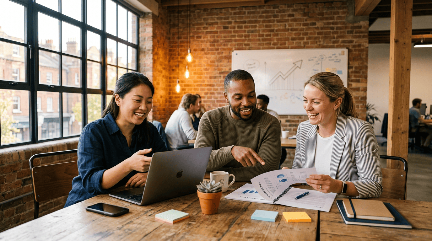 UK startup founders working in modern office