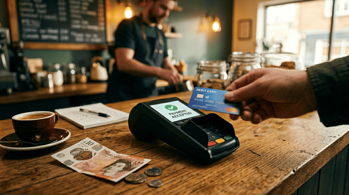 UK contactless card terminal accepting a payment in a café