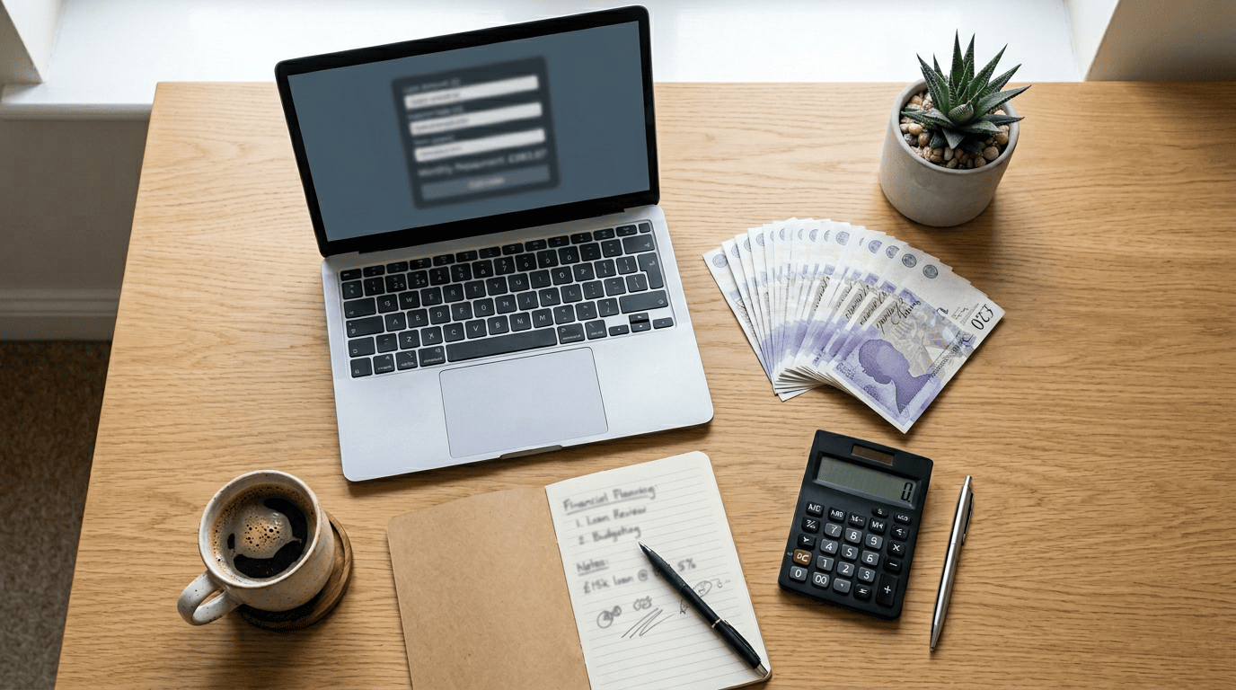 Desk flat-lay with calculator, laptop and £20 notes used to model merchant cash advance repayments