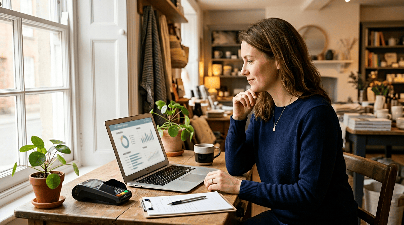 UK small-business owner reviewing a credit dashboard at a desk