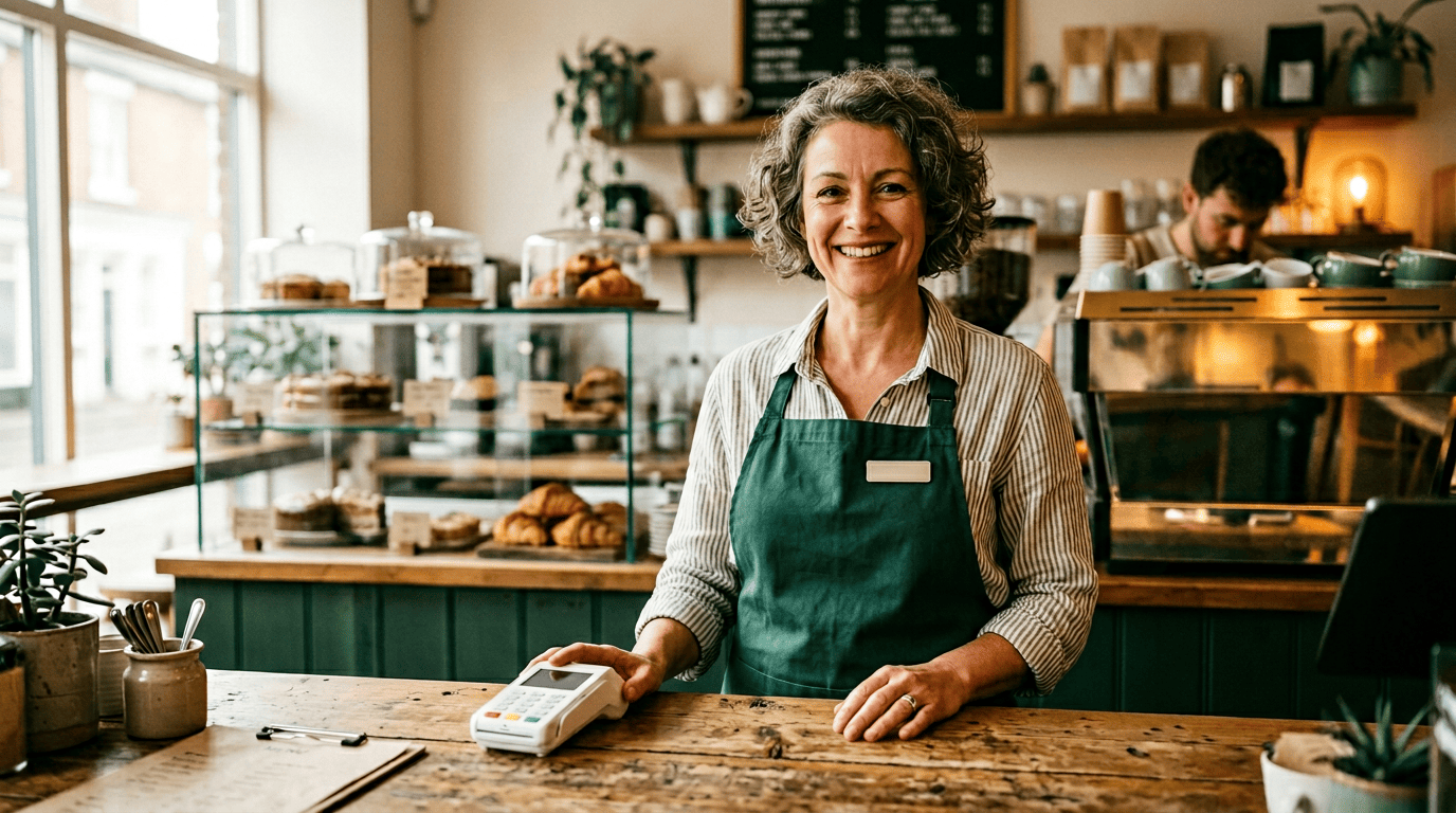 UK independent café owner taking a card payment with a chip and PIN terminal