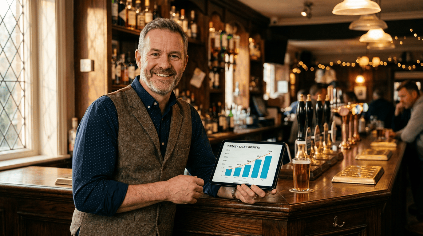 UK pub landlord reviewing weekly card sales on a tablet