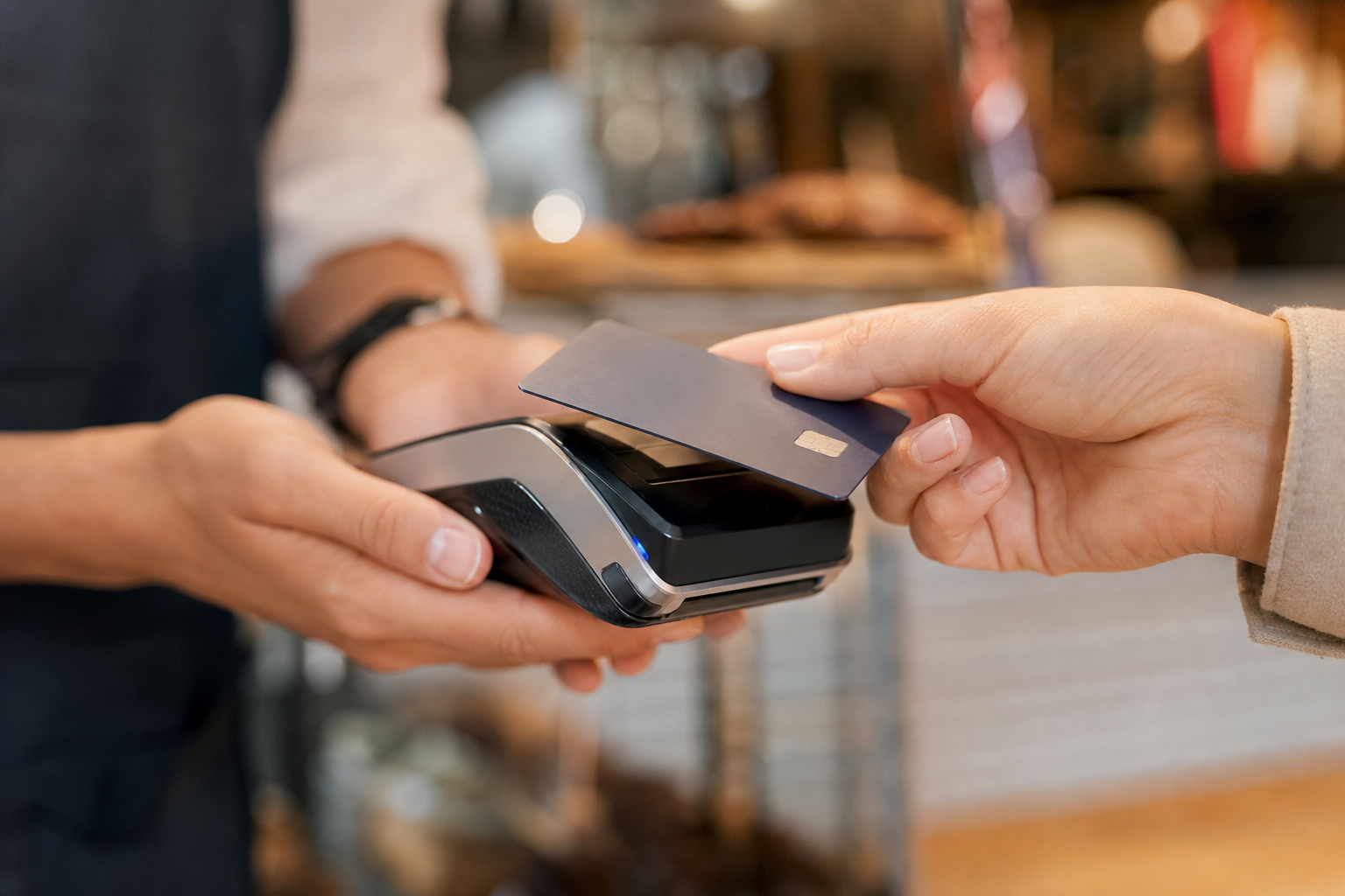 Customer paying by contactless card on a handheld card terminal