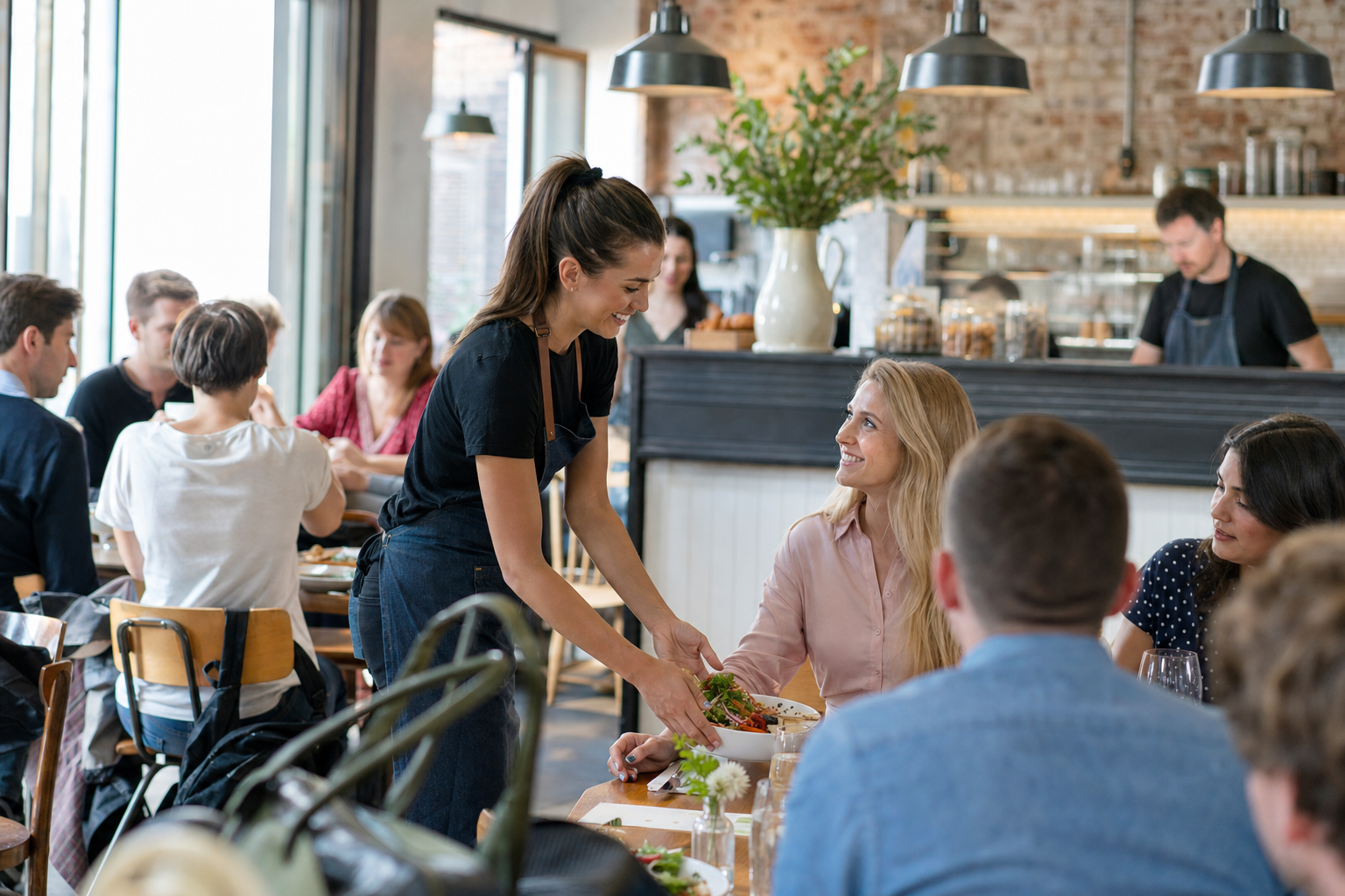 Busy independent UK restaurant with staff serving customers